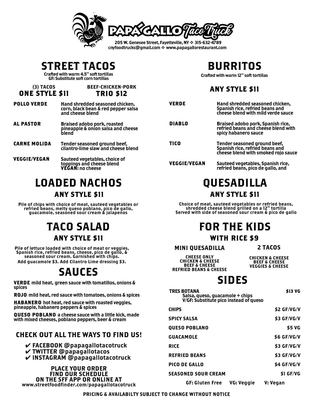 Papa Gallo Taco Truck Menu